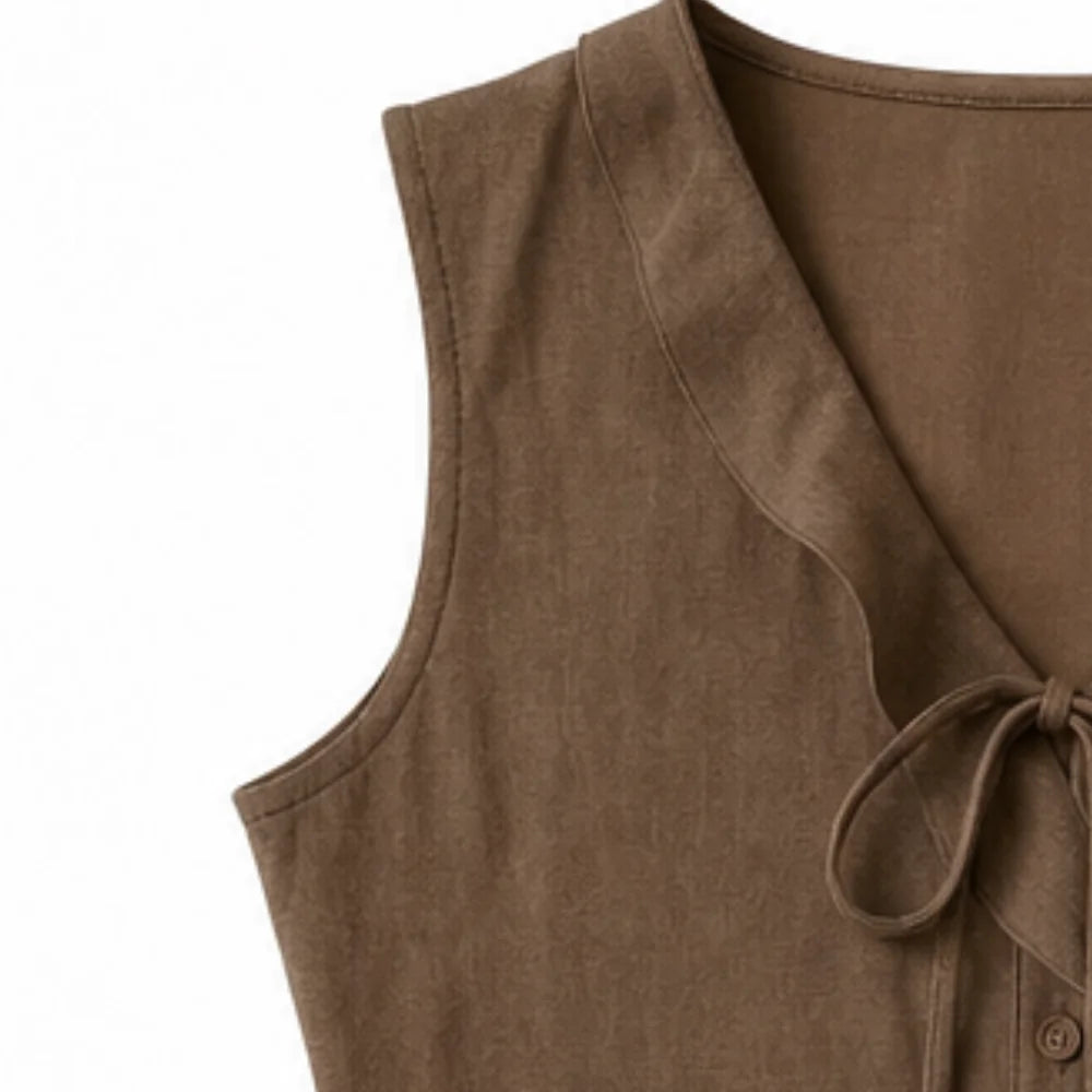 Chocolate Women's Sleeveless V-Neck Blouse — Natalie Lightweight Ruffle Peplum - Close Up Shoulder