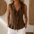 Women's Sleeveless V-Neck Blouse — Natalie Lightweight Ruffle Peplum