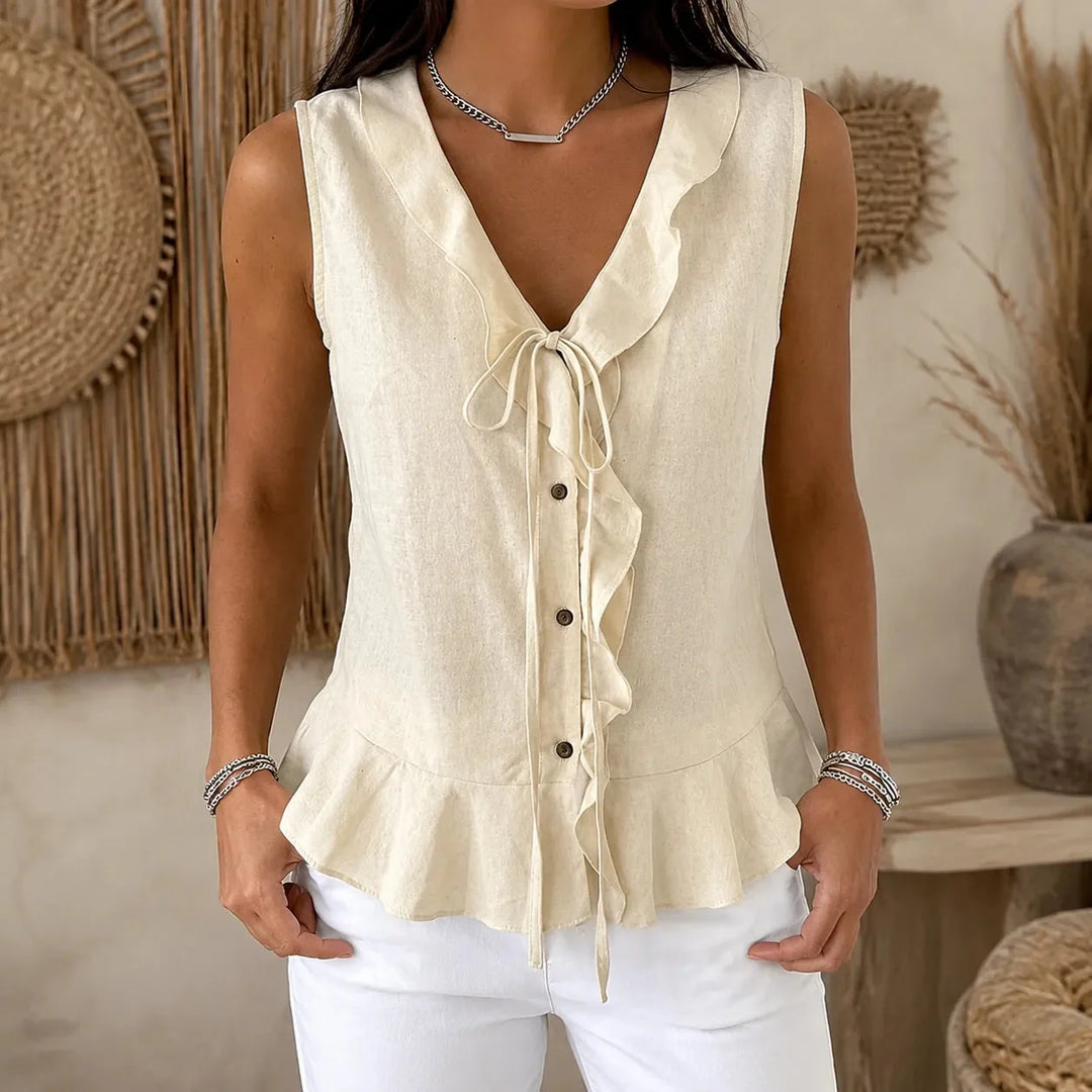 Cream Women's Sleeveless V-Neck Blouse — Natalie Lightweight Ruffle Peplum - Front Studio