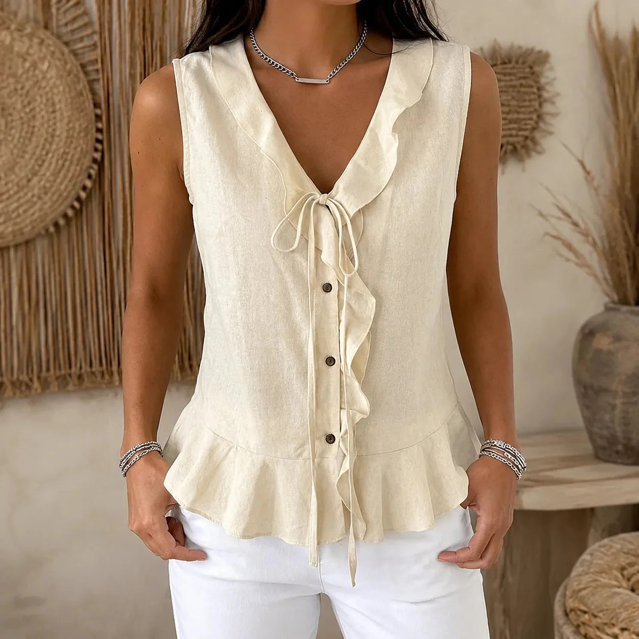 Cream Women's Sleeveless V-Neck Blouse — Natalie Lightweight Ruffle Peplum - Front Studio