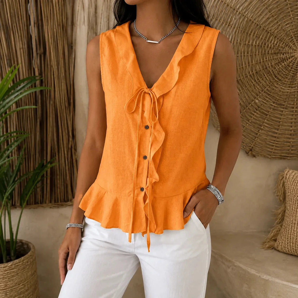Orange Women's Sleeveless V-Neck Blouse — Natalie Lightweight Ruffle Peplum - Front Studio