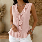 Pink Women's Sleeveless V-Neck Blouse — Natalie Lightweight Ruffle Peplum - Front Studio