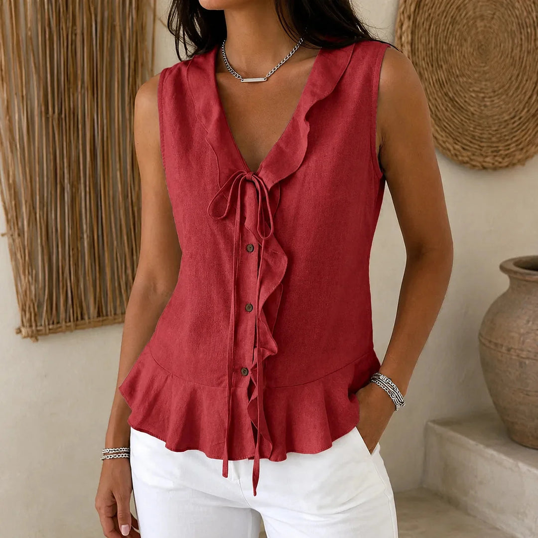 Wine Women's Sleeveless V-Neck Blouse — Natalie Lightweight Ruffle Peplum - Front Studio