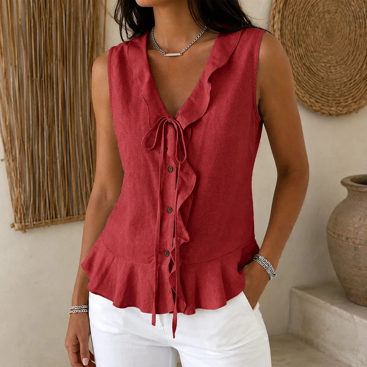 Wine Women's Sleeveless V-Neck Blouse — Natalie Lightweight Ruffle Peplum - Front Studio