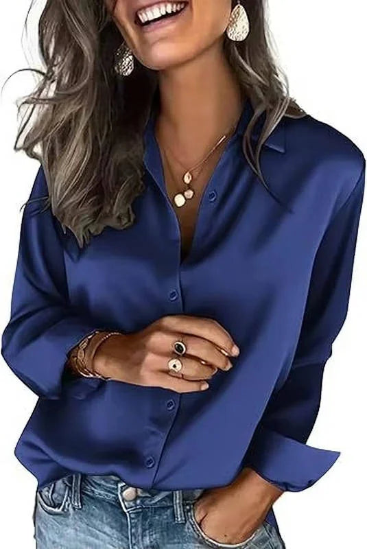 Blue Women's Satin Silk Blouse — Harper Business Casual Button-Front Long Sleeve - Front Solid