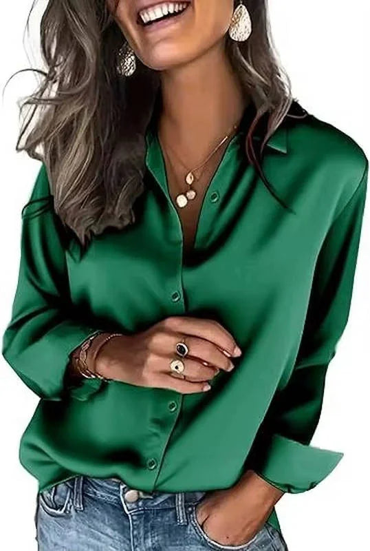 Dark Green Women's Satin Silk Blouse — Harper Business Casual Button-Front Long Sleeve - Front Full