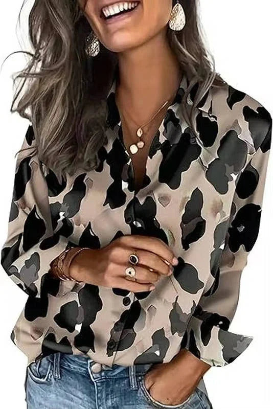Multicolor Women's Satin Silk Blouse — Harper Business Casual Button-Front Long Sleeve - Front Animal Print