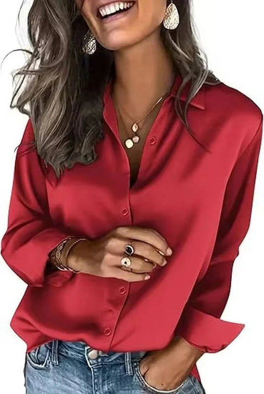 Red Women's Satin Silk Blouse — Harper Business Casual Button-Front Long Sleeve - Front Solid