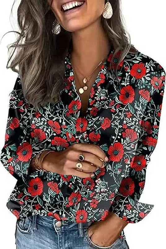 Rose Women's Satin Silk Blouse — Harper Business Casual Button-Front Long Sleeve - Red Front Floral