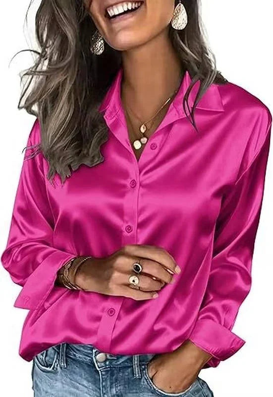 Safflower Women's Satin Silk Blouse — Harper Business Casual Button-Front Long Sleeve - Front Vibrant
