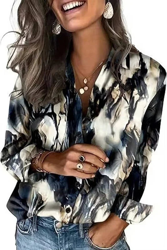 Tie Women's Satin Silk Blouse — Harper Business Casual Button-Front Long Sleeve - Dye Front Abstract Print