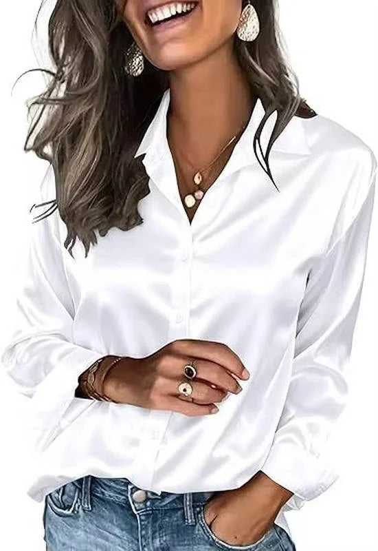 White Women's Satin Silk Blouse — Harper Business Casual Button-Front Long Sleeve - Front Closeup