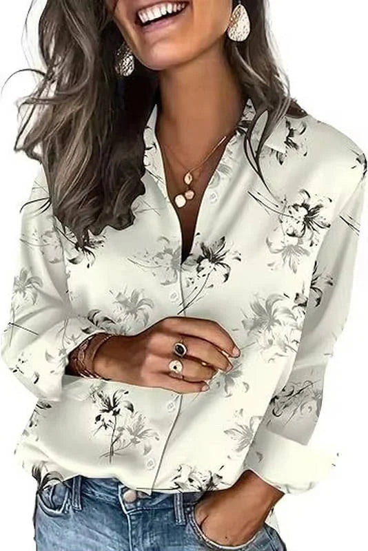 White Women's Satin Silk Blouse — Harper Business Casual Button-Front Long Sleeve - Front Floral