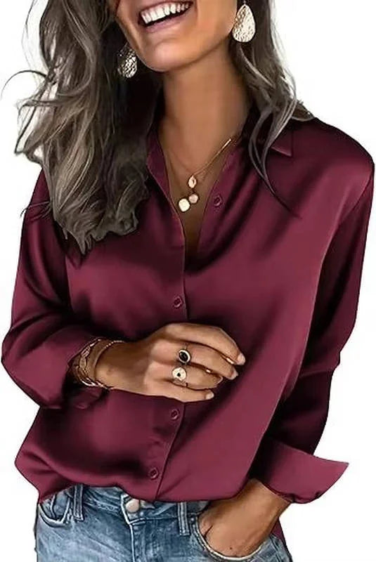 Wine Women's Satin Silk Blouse — Harper Business Casual Button-Front Long Sleeve - Front Solid