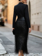 Black Women's Sequin Midi Dress with Fringe Skirt & Long Sleeves — Grace - Back View Walking