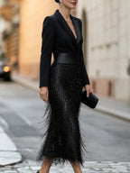 Black Women's Sequin Midi Dress with Fringe Skirt & Long Sleeves — Grace - Side Profile Walking