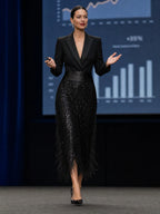 Black Women's Sequin Midi Dress with Fringe Skirt & Long Sleeves — Grace - Stage Speech