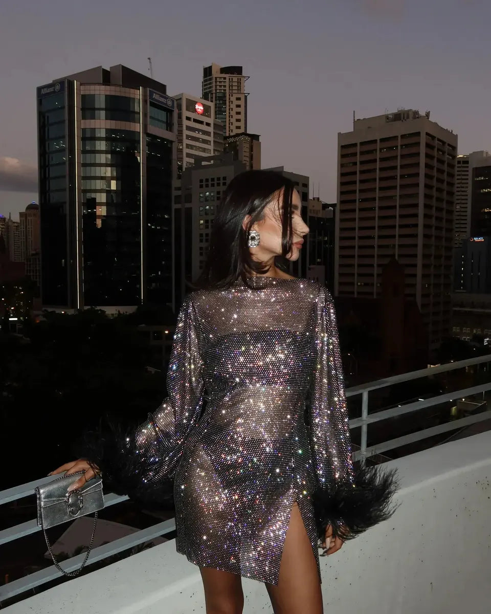 Black Women's Sequin Mini Party Dress — Una Feather Trim Bodycon - Side Profile