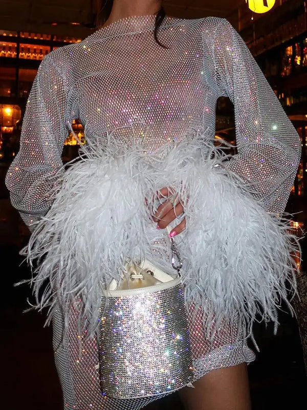 White Women's Sequin Mini Party Dress — Una Feather Trim Bodycon - Close Up Detail