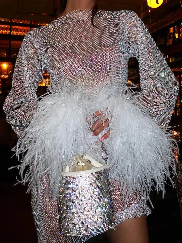 White Women's Sequin Mini Party Dress — Una Feather Trim Bodycon - Close Up Detail