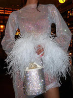 White Women's Sequin Mini Party Dress — Una Feather Trim Bodycon - Close Up Detail