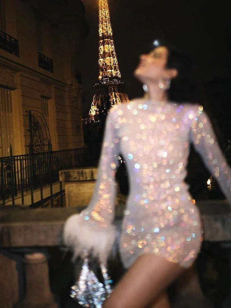 White Women's Sequin Mini Party Dress — Una Feather Trim Bodycon - Paris Nighttime