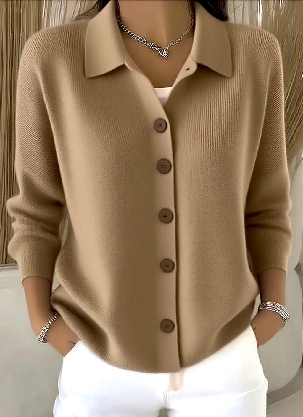 Brown Women's Shawl Collar Cardigan with Button-Front & Ribbed Knit Trim