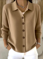 Brown Women's Shawl Collar Cardigan with Button-Front & Ribbed Knit Trim