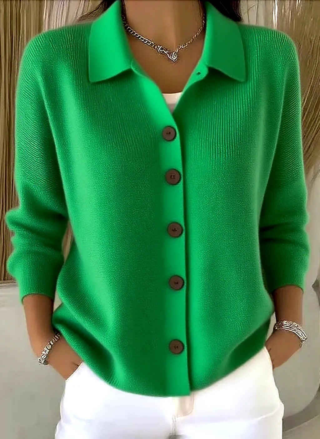 Green Women's Shawl Collar Cardigan with Button-Front & Ribbed Knit Trim