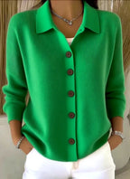 Green Women's Shawl Collar Cardigan with Button-Front & Ribbed Knit Trim