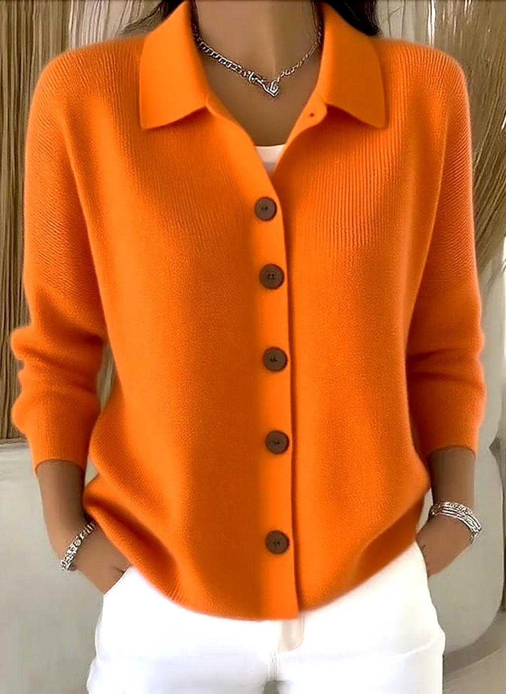 Orange Women's Shawl Collar Cardigan with Button-Front & Ribbed Knit Trim