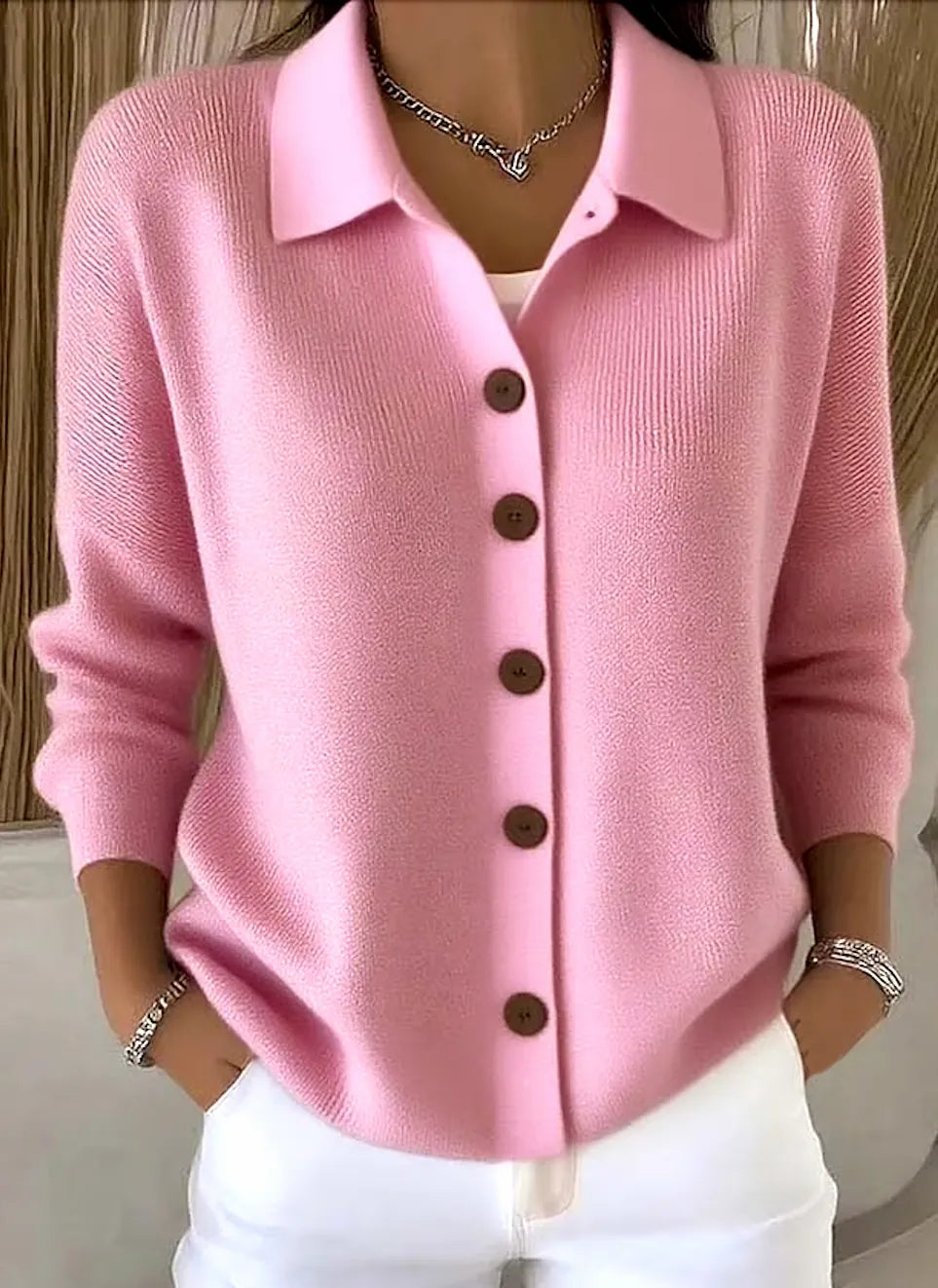 Pink Women's Shawl Collar Cardigan with Button-Front & Ribbed Knit Trim