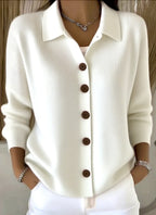 White Women's Shawl Collar Cardigan with Button-Front & Ribbed Knit Trim
