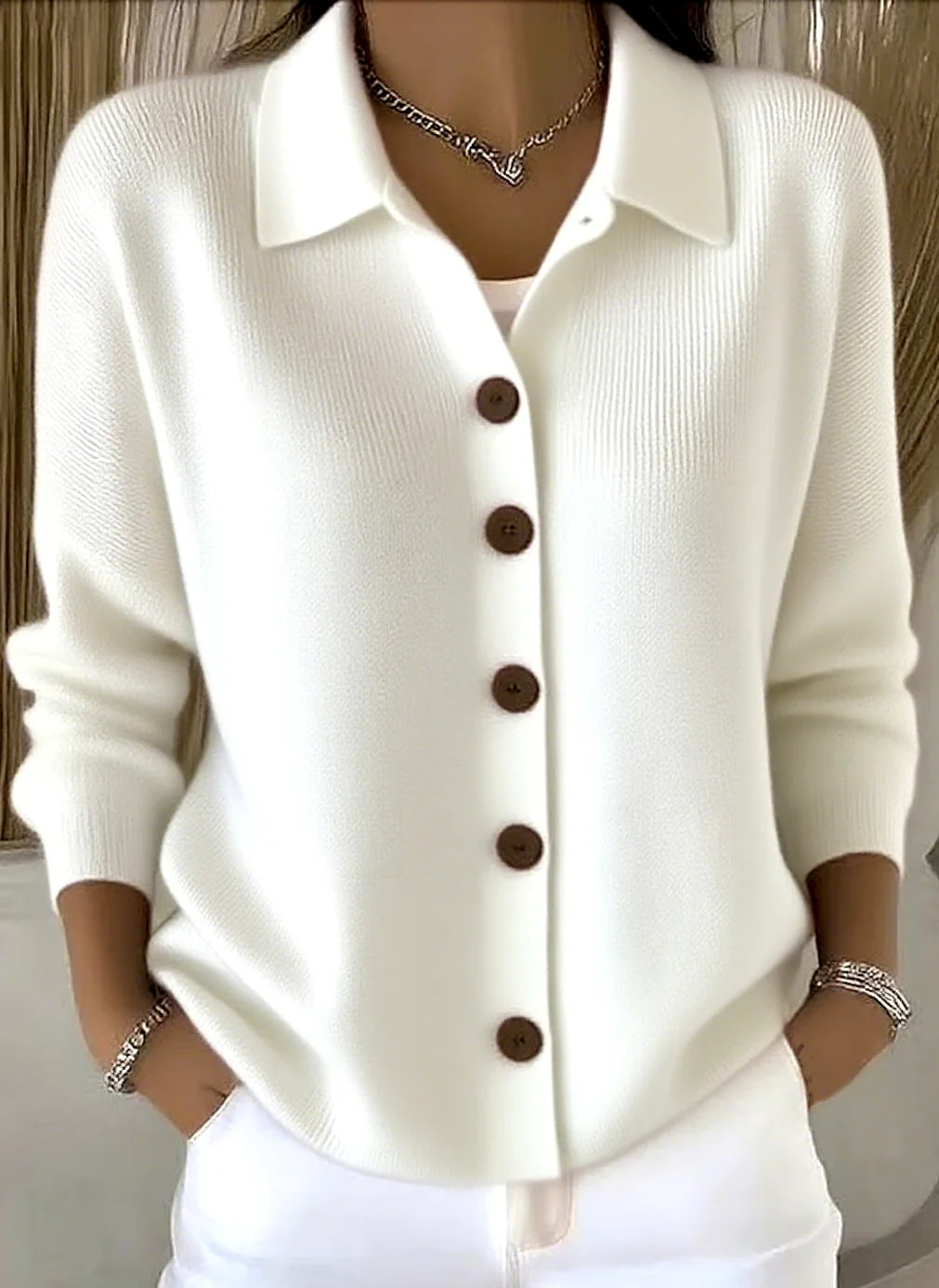 White Women's Shawl Collar Cardigan with Button-Front & Ribbed Knit Trim