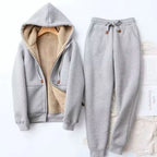 Grey Women's Sherpa Hoodie Set with Fleece-Lined Zip-Up Jacket & Jogger Pants
