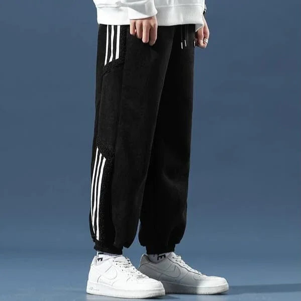 Black Men's Jogger Pants with Sherpa Lining & Striped Side Panels