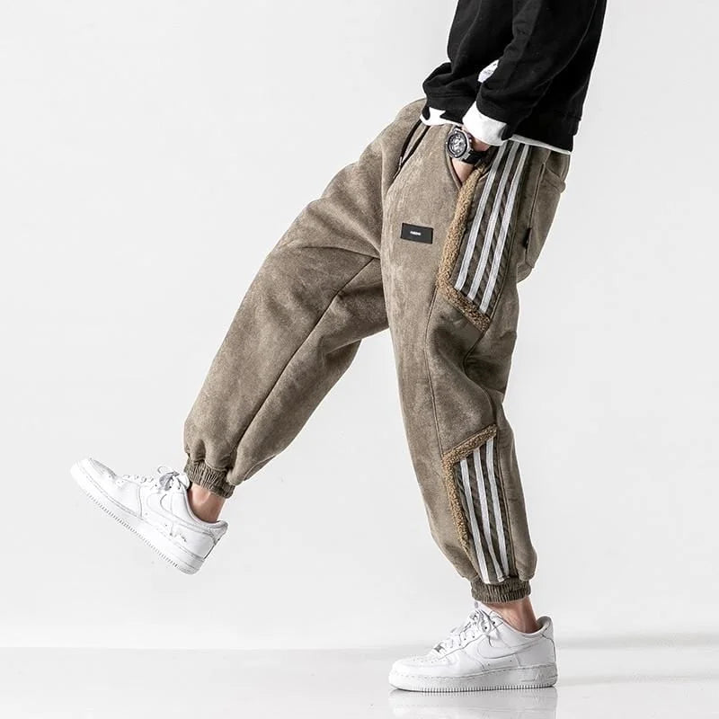 Men's Jogger Pants with Sherpa Lining & Striped Side Panels - Model Walking
