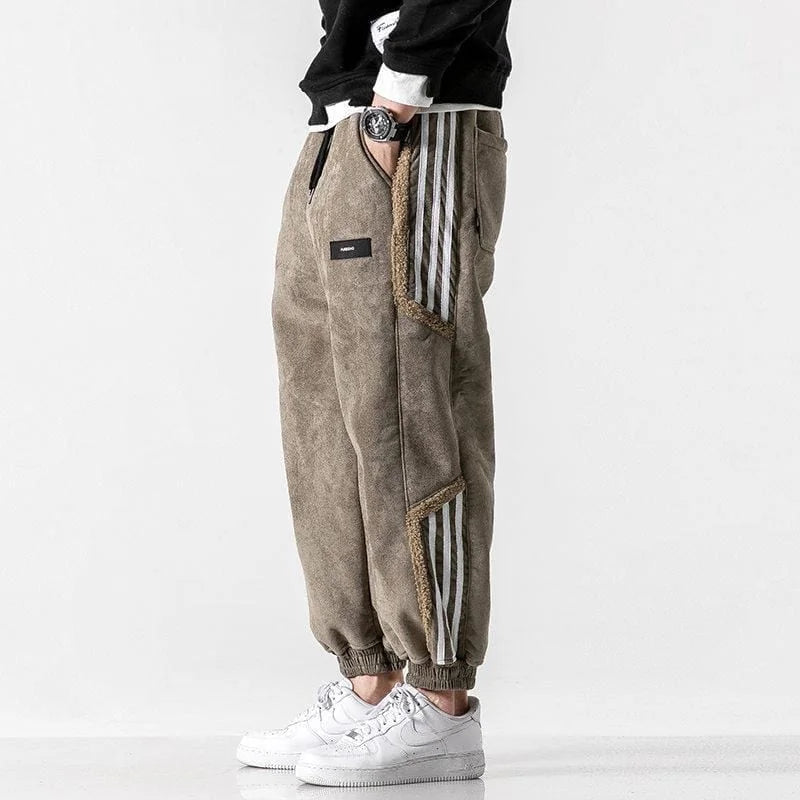 Brown Men's Jogger Pants with Sherpa Lining & Striped Side Panels