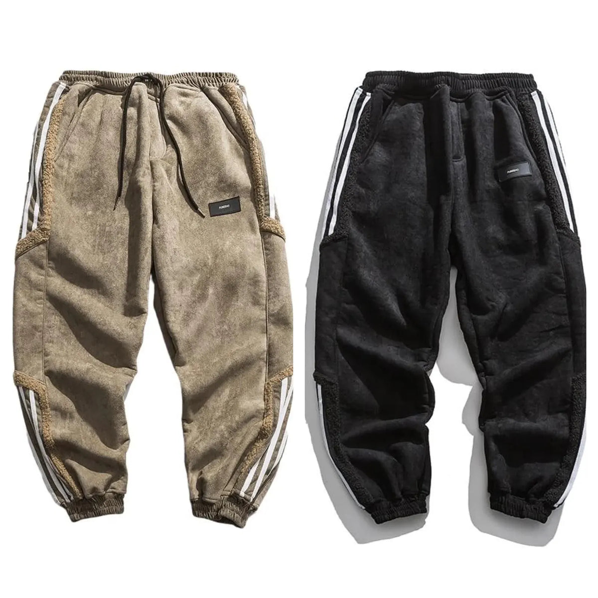 Men's Jogger Pants with Sherpa Lining & Striped Side Panels - Flat Lay Comparison