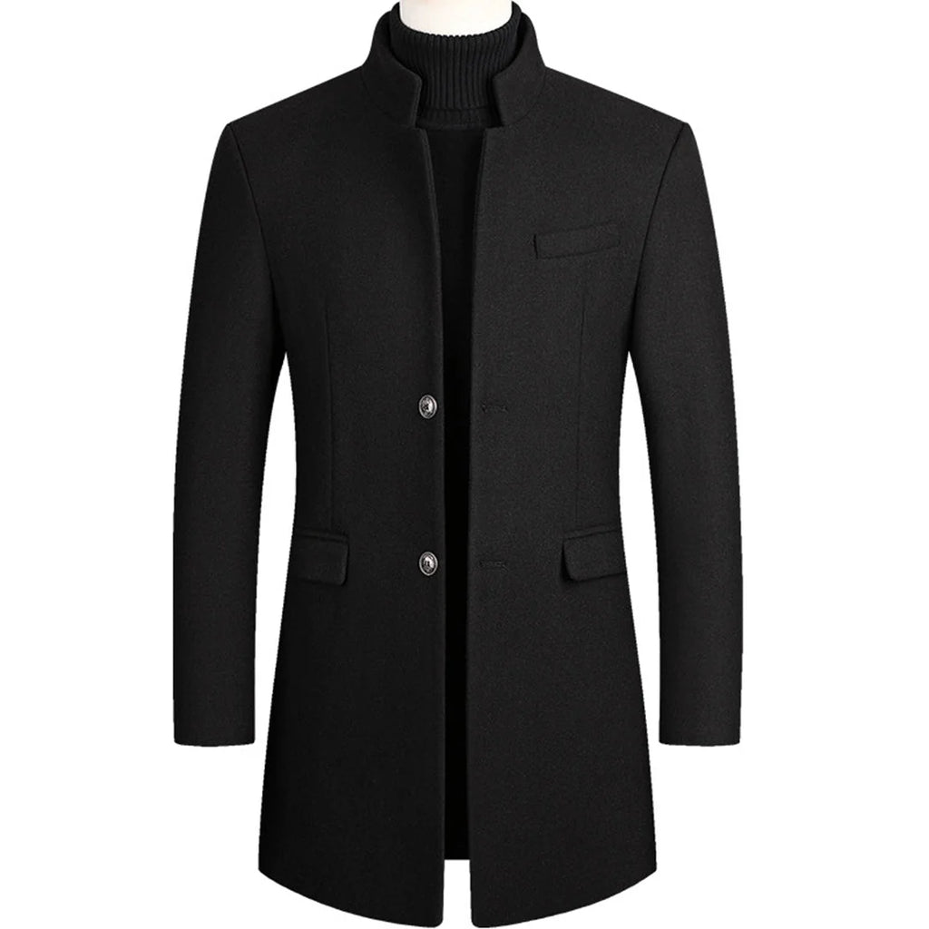 Black Men's Single-Breasted Overcoat with Stand Collar