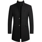 Black Men's Single-Breasted Overcoat with Stand Collar