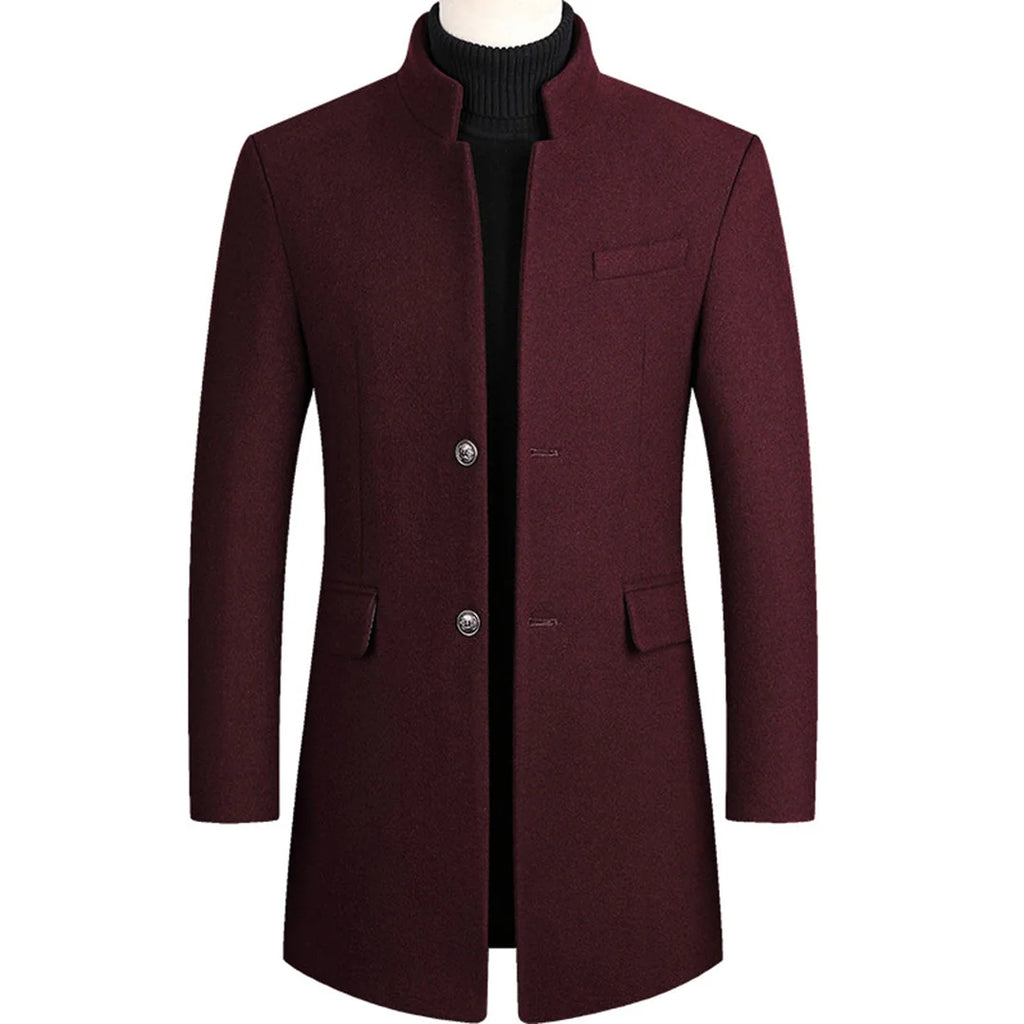 Burgundy Men's Single-Breasted Overcoat with Stand Collar