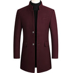 Burgundy Men's Single-Breasted Overcoat with Stand Collar