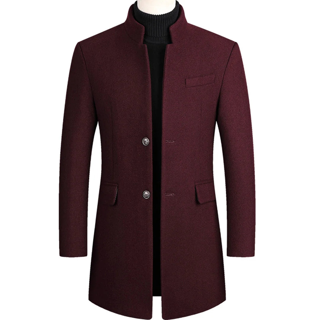 Burgundy Men's Single-Breasted Overcoat with Stand Collar