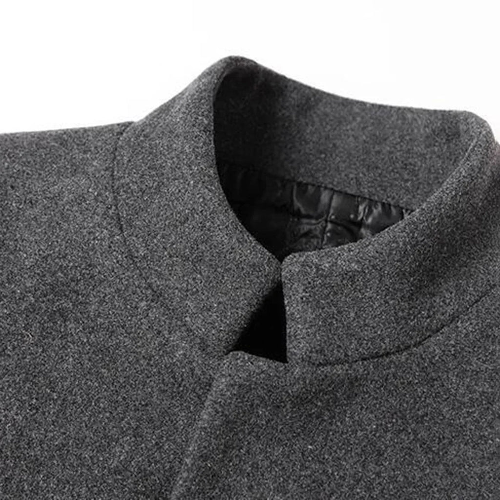 Men's Single-Breasted Overcoat with Stand Collar - Close Up Collar