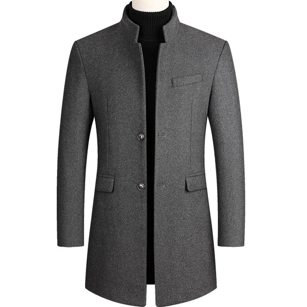 Grey Men's Single-Breasted Overcoat with Stand Collar