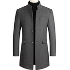 Grey Men's Single-Breasted Overcoat with Stand Collar