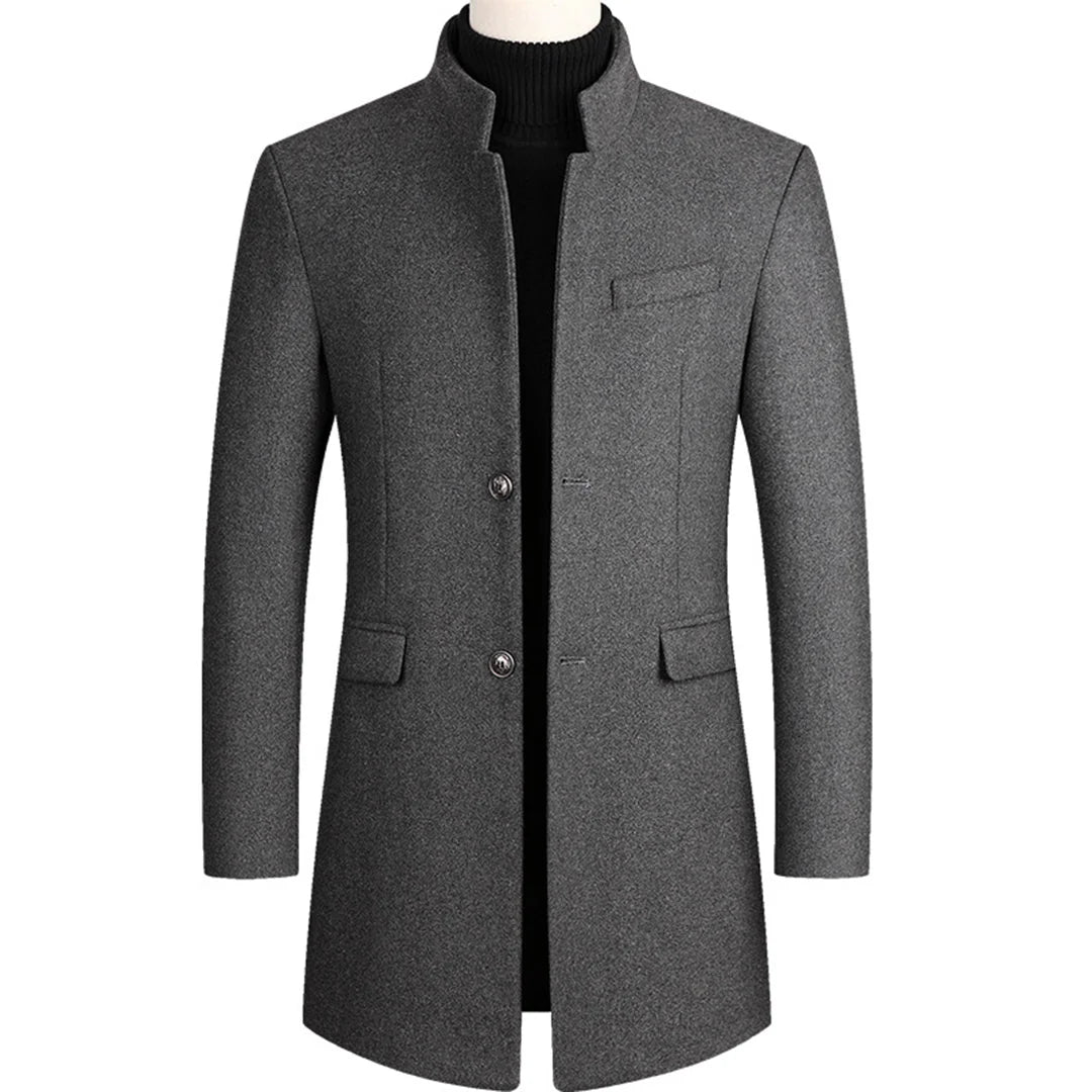 Grey Men's Single-Breasted Overcoat with Stand Collar