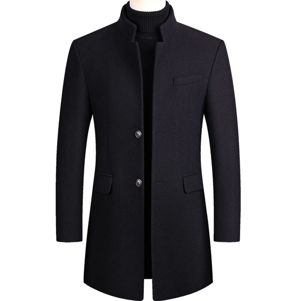 Navy Men's Single-Breasted Overcoat with Stand Collar