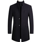Navy Men's Single-Breasted Overcoat with Stand Collar